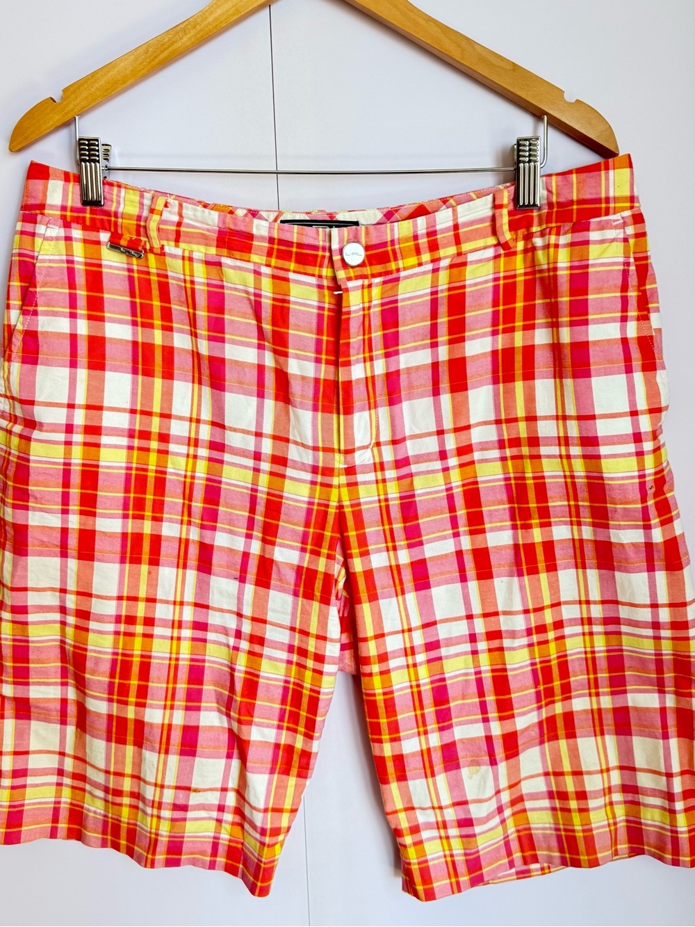 Ralph Lauren Active Shorts Womens 12
Pink Red Yellow Plaid Madras Bermuda